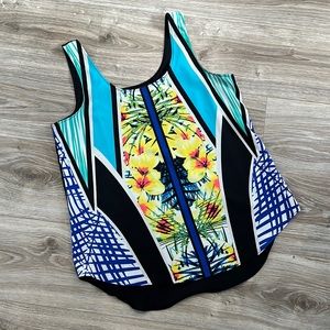Dressy tank with floral pattern.